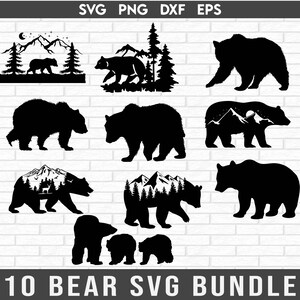 Bundle SVG ours, montagnes pins grizzly SVG, Silhouette maman ours, scène d'hiver enneigée svg, forêt, maman ours svg, svg région sauvage