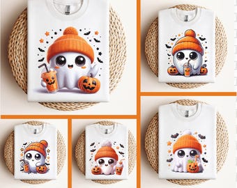 May include: Five sublimation designs featuring cute cartoon ghosts wearing orange and white hats, holding orange pumpkins and orange juice boxes. The ghosts are on a white background with orange stars and bats.