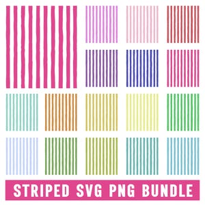 May include: A digital collection of sixteen square patterns featuring vertical stripes in various colors including pink, purple, blue, orange, yellow, and green. The text STRIPED SVG PNG BUNDLE is displayed in white capital letters on a pink banner.
