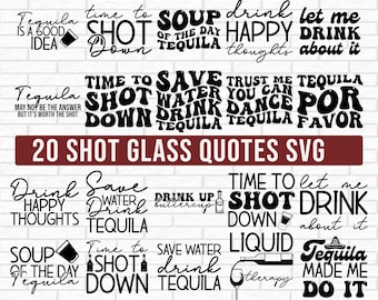 Könnte beinhalten: Ein Satz von 20 Schwarzweiß-SVG-Dateien mit Zitaten über Tequila. Die Zitate sind in verschiedenen Stilen und Schriftarten gehalten und beinhalten Sätze wie "Time to Shot Down Tequila" und "Tequila Made Me Do It".