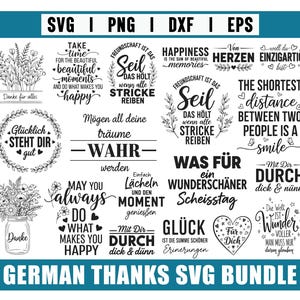 Può includere: Una collezione di design SVG in bianco e nero con motivi floreali e a forma di cuore, con frasi come "Prenditi del tempo per i bei momenti" e "Possa tu fare sempre ciò che ti rende felice". Il testo "German Thanks SVG Bundle" è in basso.