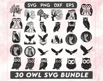 Paquete de SVG de búho, clipart de búho, SVG de búho y luna, silueta de búho, SVG de cara de búho, SVG de dibujo de búho, vector de búho, PNG de búho, SVG de escena de bosque