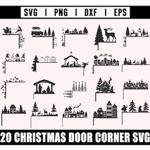 May include: A collection of 20 black Christmas-themed door corner SVG designs. The designs include silhouettes of Santa in a sleigh, a car with a Christmas tree, gnomes, a nativity scene, and various winter scenes. The text "20 CHRISTMAS DOOR CORNER SVG" is at the bottom.