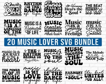 May include: A set of 20 black and white SVG designs featuring music-themed quotes. The quotes include "Music is my love language", "Rhythm is the dance of life", "Music is a journey to the heart", "The rhythm brings us together", "Music speaks to the soul", "Music touches the soul", "The power of music is limitless", "Music is my love language", "Rhythm is the dance of life", "Harmony hears the soul", "The beat unites us all", "Music is a language of the heart", "Music is a celebration of life", "Music creates memories that last", "Music is a symphony of feelings", "Music is a gateway to emotions", "Tunes take us to a new world", "Harmony hears the soul", "The beat unites us all".