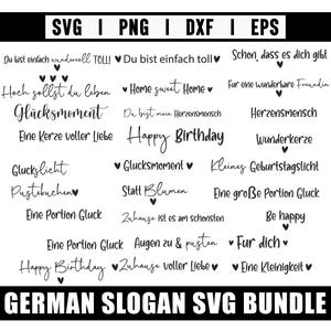 Pode incluir: Um gráfico a preto e branco com frases alemãs manuscritas, incluindo "Happy Birthday" e "Home Sweet Home". A imagem também apresenta o texto "GERMAN SLOGAN SVG BUNDLE". As frases são adequadas para projetos de artesanato.