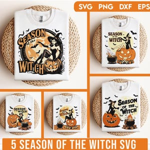 May include: White t-shirts with a Halloween-themed graphic design. The design features a witch sitting on a pumpkin with the text "Season of the Witch". The image includes bats, a cauldron, and a full moon.