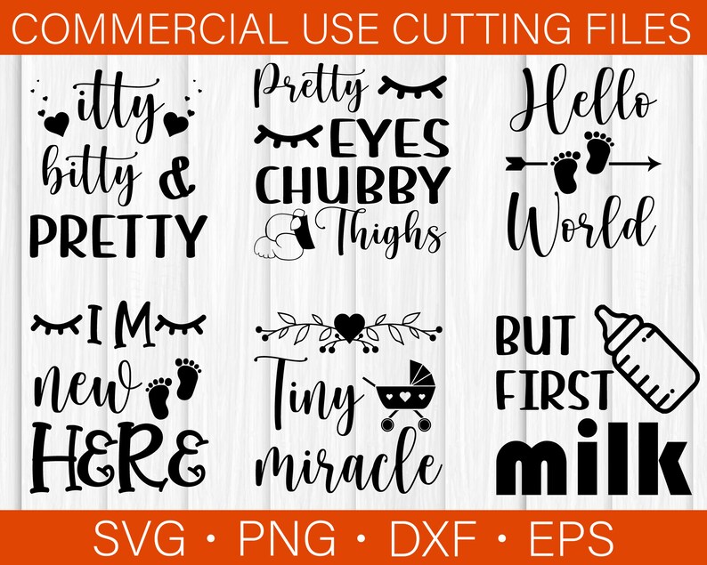 Puede incluir: Un conjunto de nueve archivos de corte SVG en blanco y negro para una variedad de dise&ntilde;os con tem&aacute;tica de beb&eacute;s. Los dise&ntilde;os incluyen frases como "itty bitty & pretty", "pretty eyes chubby thighs", "hello world", "I'm new here", "tiny miracle", y "but first milk".
