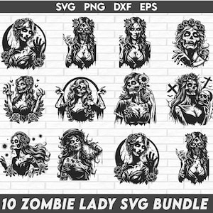 Könnte beinhalten: Ein Set mit 10 Schwarzweiß-SVG-Dateien mit Illustrationen von Zombie-Damen. Jede Illustration zeigt eine andere Zombie-Dame mit verschiedenen Frisuren, Kleidung und Accessoires. Die Illustrationen sind perfekt für Halloween-Projekte, Bastelarbeiten und digitale Designs.
