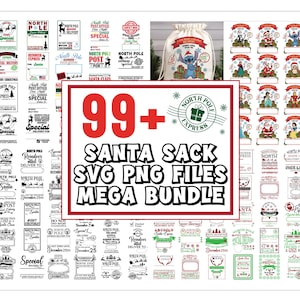 May include: A collection of Christmas-themed SVG and PNG files. The image features a variety of designs, including Santa sacks, North Pole postmarks, and holiday graphics. The text "99+ SANTA SACK SVG PNG FILES MEGA BUNDLE" is prominently displayed.