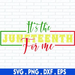 Puede incluir: Un diseño digital con el texto "It's the Juneteenth for me" en rojo, verde y amarillo sobre un fondo de ladrillos blancos. El texto está en una fuente decorativa con un patrón texturizado.