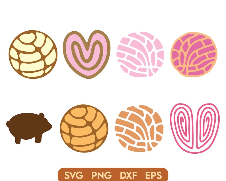 May include: A set of nine digital cut files featuring various designs of Mexican sweet bread, known as pan dulce, including a heart, a pig, and different patterns. The designs are in shades of pink, brown, and yellow.