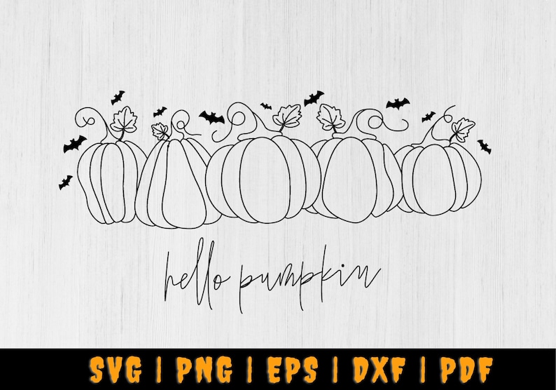May include: Line art illustration of five pumpkins with stems and leaves. Bats fly above the pumpkins. The text "hello pumpkin" is written below the pumpkins.