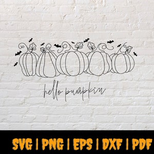 May include: A black and white line drawing of five pumpkins with leaves and bats. The text "hello pumpkin" is written below the pumpkins.