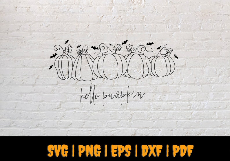 May include: A black and white line drawing of five pumpkins with leaves and bats. The text "hello pumpkin" is written below the pumpkins.
