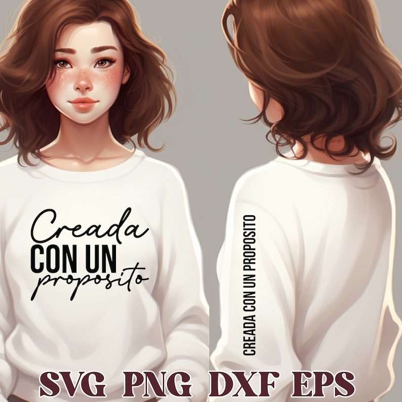 May include: A white long-sleeved shirt with the text "Creada con un proposito" in black lettering. The shirt is shown on a model with brown hair.