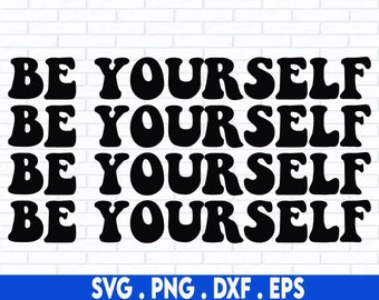 Op de afbeelding: Vier regels tekst in een retro-lettertype die "BE YOURSELF" in zwart op een witte bakstenen achtergrond luidt. De tekst wordt vier keer herhaald.