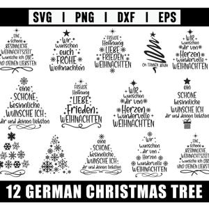 Puede incluir: Gráfico en blanco y negro con 12 diseños de árboles de Navidad alemanes y texto festivo. Los diseños incluyen varias formas de árboles y saludos navideños, perfectos para manualidades.