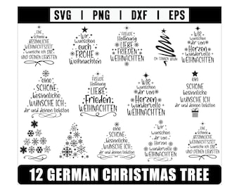May include: A black and white graphic featuring 12 German Christmas tree designs with festive text. The designs include various tree shapes and holiday greetings, perfect for seasonal crafts.