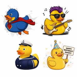 Puede incluir: Cuatro dise&ntilde;os diferentes de patos de goma. Un pato azul con una capa roja, un pato amarillo con gafas de sol y tocando una guitarra, un pato amarillo con un sombrero de marinero y un pato amarillo con un sombrero de fiesta y sosteniendo un cartel que dice "&iexcl;Feliz cumplea&ntilde;os! &iexcl;Patito!"