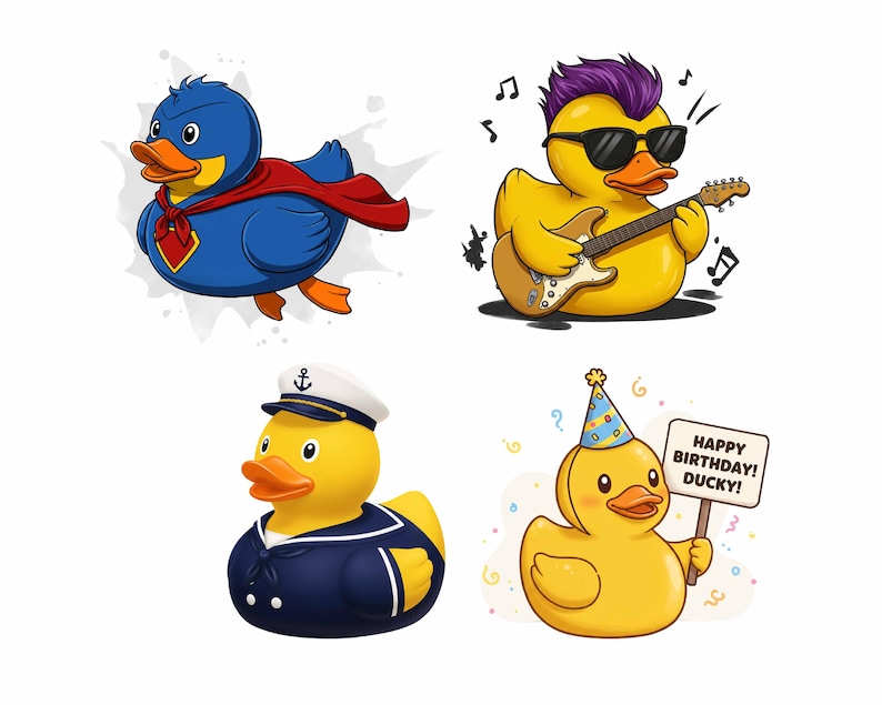 Puede incluir: Cuatro dise&ntilde;os diferentes de patos de goma. Un pato azul con una capa roja, un pato amarillo con gafas de sol y tocando una guitarra, un pato amarillo con un sombrero de marinero y un pato amarillo con un sombrero de fiesta y sosteniendo un cartel que dice "&iexcl;Feliz cumplea&ntilde;os! &iexcl;Patito!"