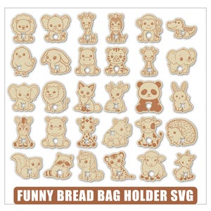 Puede incluir: Una colección de sujetadores de bolsas de pan de madera con forma de animales, como un león, un elefante, una jirafa y una cebra. El texto en la parte inferior dice "FUNNY BREAD BAG HOLDER SVG".