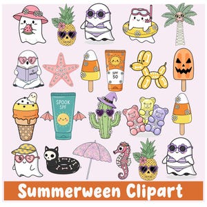 May include: A collection of cartoon illustrations featuring ghosts, pineapples, and other summer-themed objects. The ghosts are wearing sunglasses, hats, and swimsuits. Other items include a starfish, ice cream, sunscreen, and a balloon dog. The text "Summerween Clipart" is at the bottom.