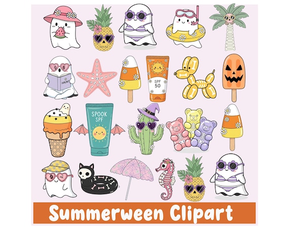 Summerween Clipart, Summerween Clip Art PNG Bundle, Summerween Vibes, Spooky Summer Ween,Ghost Summer Png, Pastel Ghosts, Pumpkins
