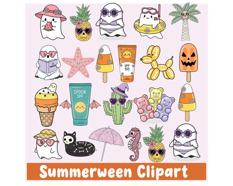 May include: A collection of cartoon illustrations featuring ghosts, pineapples, and other summer-themed objects. The ghosts are wearing sunglasses, hats, and swimsuits. Other items include a starfish, ice cream, sunscreen, and a balloon dog. The text "Summerween Clipart" is at the bottom.