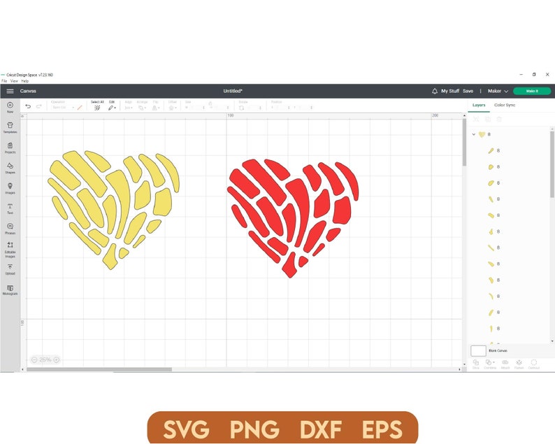 May include: Two heart-shaped designs, one yellow and one red, with a patterned design resembling a honeycomb or a network of veins.