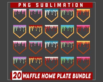 Op de afbeelding: Een verzameling van 20 wafel home plate ontwerpen met kleurrijke druipende glazuur. Elke plaat heeft een wafeltextuur en een uniek kleurenschema, waaronder roze, blauw en rood. De tekst "PNG SUBLIMATION" en "20 WAFFLE HOME PLATE BUNDLE" worden weergegeven.
