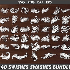 May include: A set of 40 white, stylized swishes and swashes, perfect for adding a decorative touch to your digital designs.  The swishes and swashes are arranged in rows on a brown wooden background.  The text "40 SWISHES SWASHES BUNDLE" is at the bottom of the image.