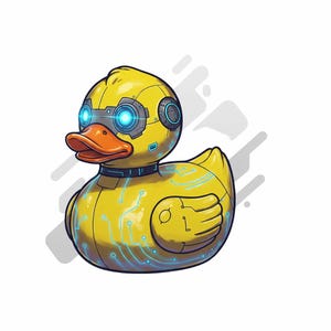 Puede incluir: Un pato de goma amarillo con ojos azules brillantes y un dise&ntilde;o de placa de circuito. El pato tiene una apariencia rob&oacute;tica.