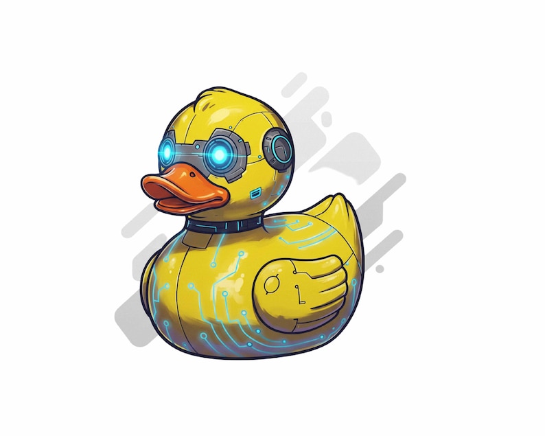 Puede incluir: Un pato de goma amarillo con ojos azules brillantes y un dise&ntilde;o de placa de circuito. El pato tiene una apariencia rob&oacute;tica.
