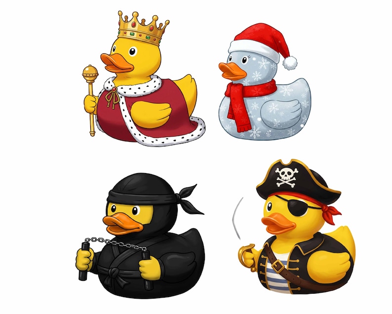 Puede incluir: Cuatro patos de goma vestidos con diferentes disfraces. Un pato amarillo con una corona dorada y una t&uacute;nica roja y dorada sostiene un cetro. Un pato azul con un gorro de Pap&aacute; Noel rojo y una bufanda roja. Un pato negro con un traje de ninja negro sostiene dos nunchakus. Un pato amarillo con un sombrero de pirata negro con una calavera y huesos cruzados y un parche en el ojo sostiene una moneda de oro.