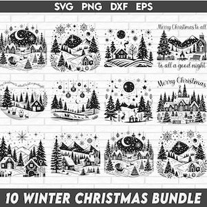 Scena di Natale invernale SVG, Scena invernale SVG, Scena di Natale magica, Babbo Natale e renne SVG, Pacchetto SVG di Natale, Cervo SVG, Pino SVG