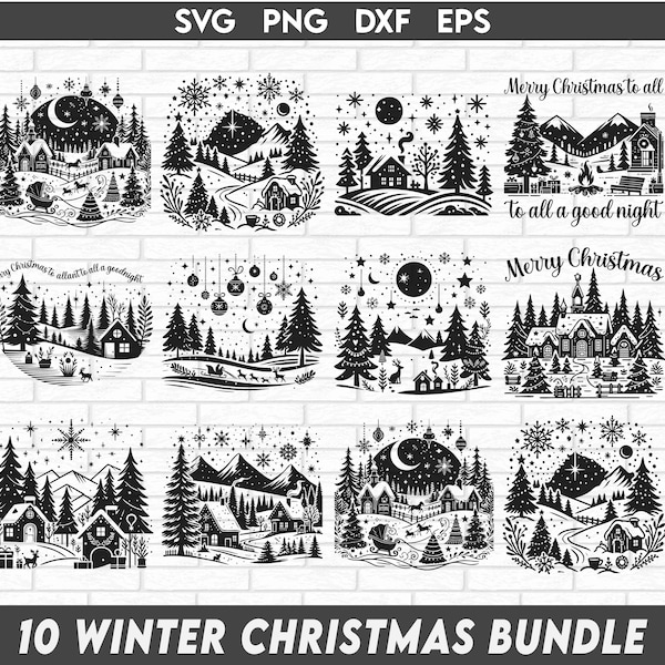 Zimowa scena świąteczna SVG, Zimowa scena SVG, Magiczna scena świąteczna, Renifer Świętego Mikołaja SVG, Pakiet SVG Bożego Narodzenia, Jeleń SVG, Sosna SVG