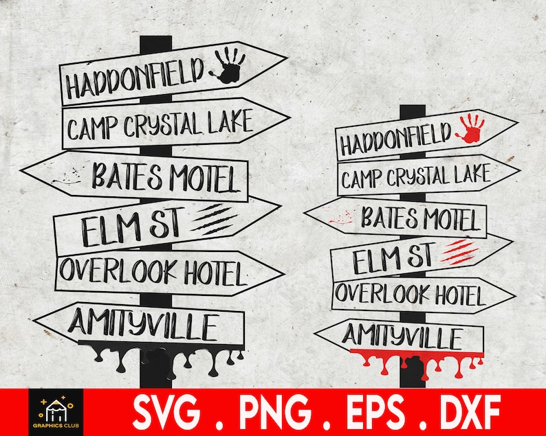 Horror Street Sign Svg, haddonfield sign, camp crystal lake sign, bates motel sign, elm street sign, Overlook Hotel sign, Amityville sign image 1
