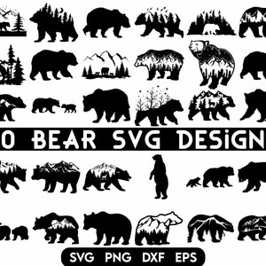 Bear SVG Bundle, Mountains Pine Trees Grizzly Bear SVG, Mama bear Silhouette, Snowy Winter Scene svg, Forest, Mama Bear svg, Wilderness svg