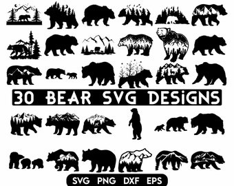 Bear SVG Bundle, Mountains Pine Trees Grizzly Bear SVG, Mama bear Silhouette, Snowy Winter Scene svg, Forest, Mama Bear svg, Wilderness svg