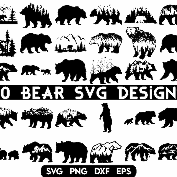 Bear SVG Bundle, Mountains Pine Trees Grizzly Bear SVG, Mama bear Silhouette, Snowy Winter Scene svg, Forest, Mama Bear svg, Wilderness svg