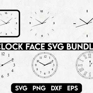 May include: A set of six clock face SVG files. The clock faces are in various styles, including a simple clock face with Roman numerals, a clock face with Arabic numerals, and a clock face with a minimalist design. The SVG files can be used to create custom clocks, wall art, or other crafts.