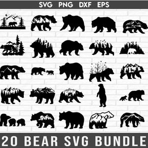 Bear mountain and tree svg bundle, night nature svg, wildlife forest scene svg, adventure hunting svg, mama bear svg, camping time