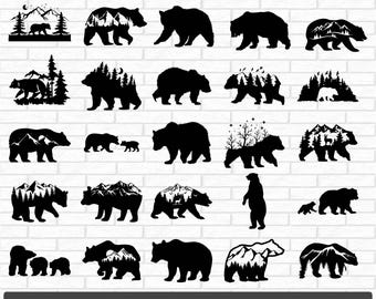 May include: A set of 20 black and white bear SVG cut files. The bears are in various poses and some have mountain scenes inside them. The text "20 BEAR SVG BUNDLE" is at the bottom of the image.