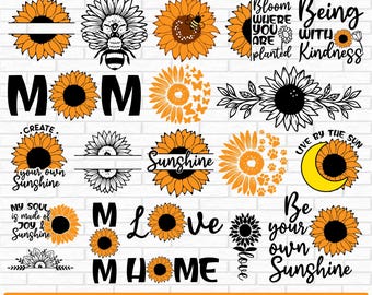 Peut inclure: Un ensemble de 20 motifs SVG de tournesol, avec différentes phrases et designs, dont "Bloom Where You Are Planted", "Being With Kindness", "Create Your Own Sunshine", "Sunshine", "My Soul is Made of Joy & Sunshine", "Mom", "M Love M Home", "Be Your Own Sunshine", et "Live By The Sun".