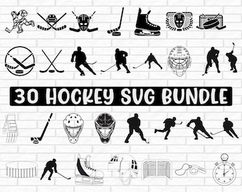 May include: A set of 30 black and white hockey SVG files. The files include images of hockey players, sticks, pucks, nets, and helmets. The text "30 Hockey SVG Bundle" is at the top of the image.