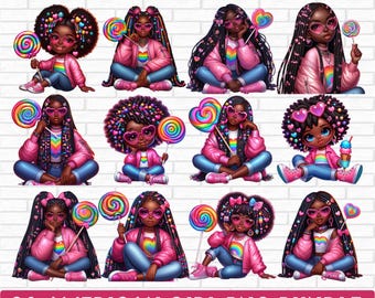 Schwarzes Mädchen Clipart Bundle, schrulliges afroamerikanisches Mädchen, süße schwarze Haut Mädchen Clipart, afroamerikanische Mädchen, süßes Afro-Mädchen PNG