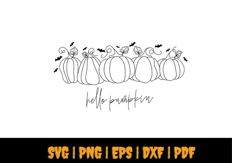 May include: A black and white line drawing of a row of pumpkins with bats flying above them. The text "hello pumpkin" is written below the pumpkins.