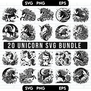May include: A set of 20 black and white unicorn SVG files. The unicorns are in various poses and styles, including some with floral designs and others with stars and moons. The text "20 UNICORN SVG BUNDLE" is at the top of the image.