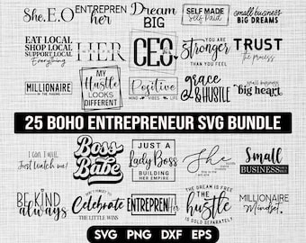 Puede incluir: Un paquete de diseño gráfico en blanco y negro de 25 citas inspiradoras para emprendedores. Las citas incluyen frases como "She.E.O", "Boss Babe", "Just a Lady Boss", "The Hustle", "Small Business" y "Millionaire Mindset".
