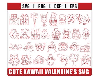 Puede incluir: Gráfico SVG con contornos rojos con ilustraciones temáticas de San Valentín. Incluye una tableta de chocolate, cajas de regalo, globos, un cóctel, un gnomo, un anillo, un lazo, un pájaro, un candado, un oso de peluche, cerezas, una magdalena, macarons, un tarro, un ángel y más. Texto: "CUTE KAWAII VALENTINE'S SVG".